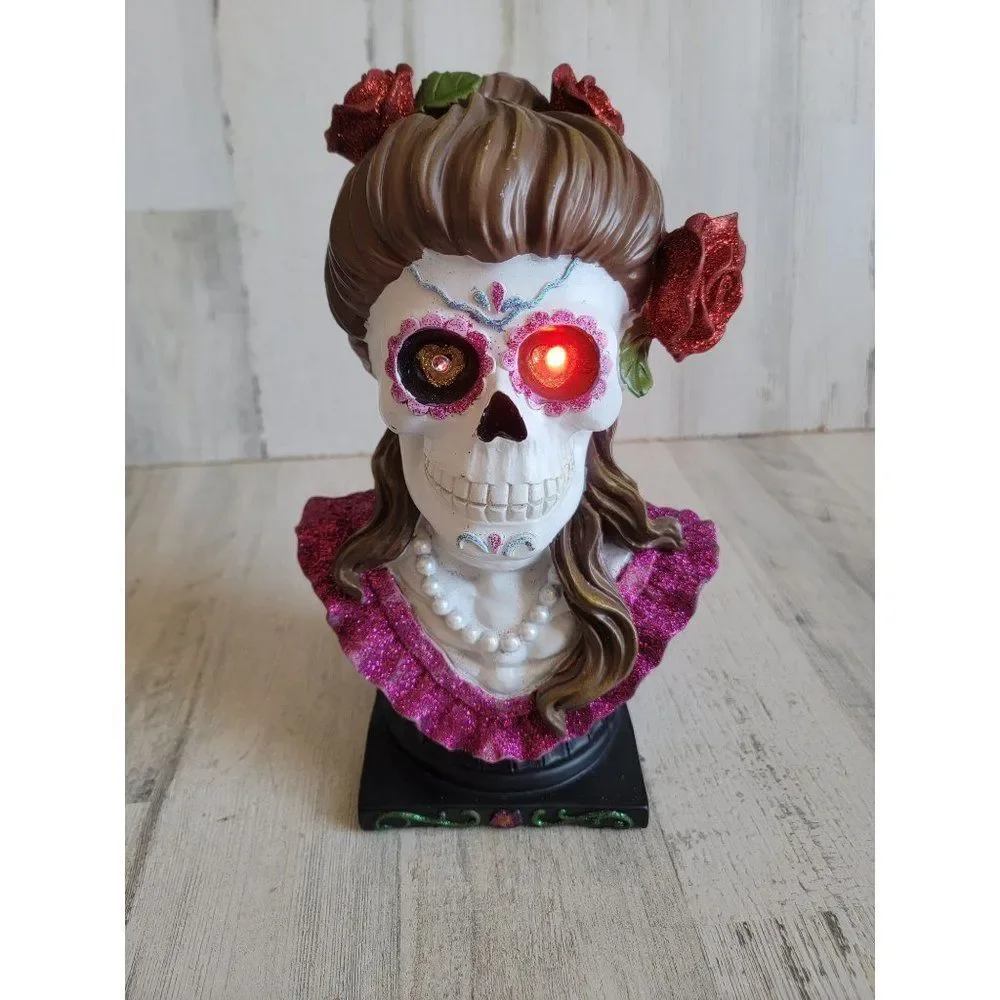 Cinco de Mayo skeleton woman bust animated head‎ Rose Halloween prop